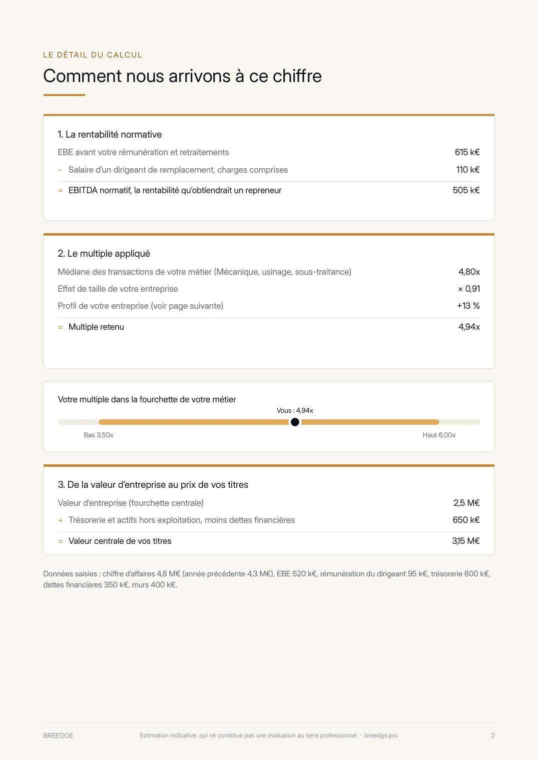 Rapport d’estimation BREEDGE, page 2 : le calcul pas à pas (exemple fictif)
